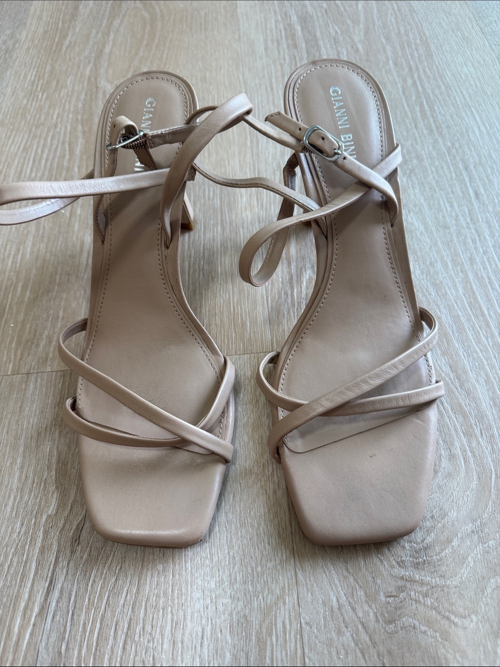 Gianni Bini Beige Strappy Square-Toe Heeled Sandals